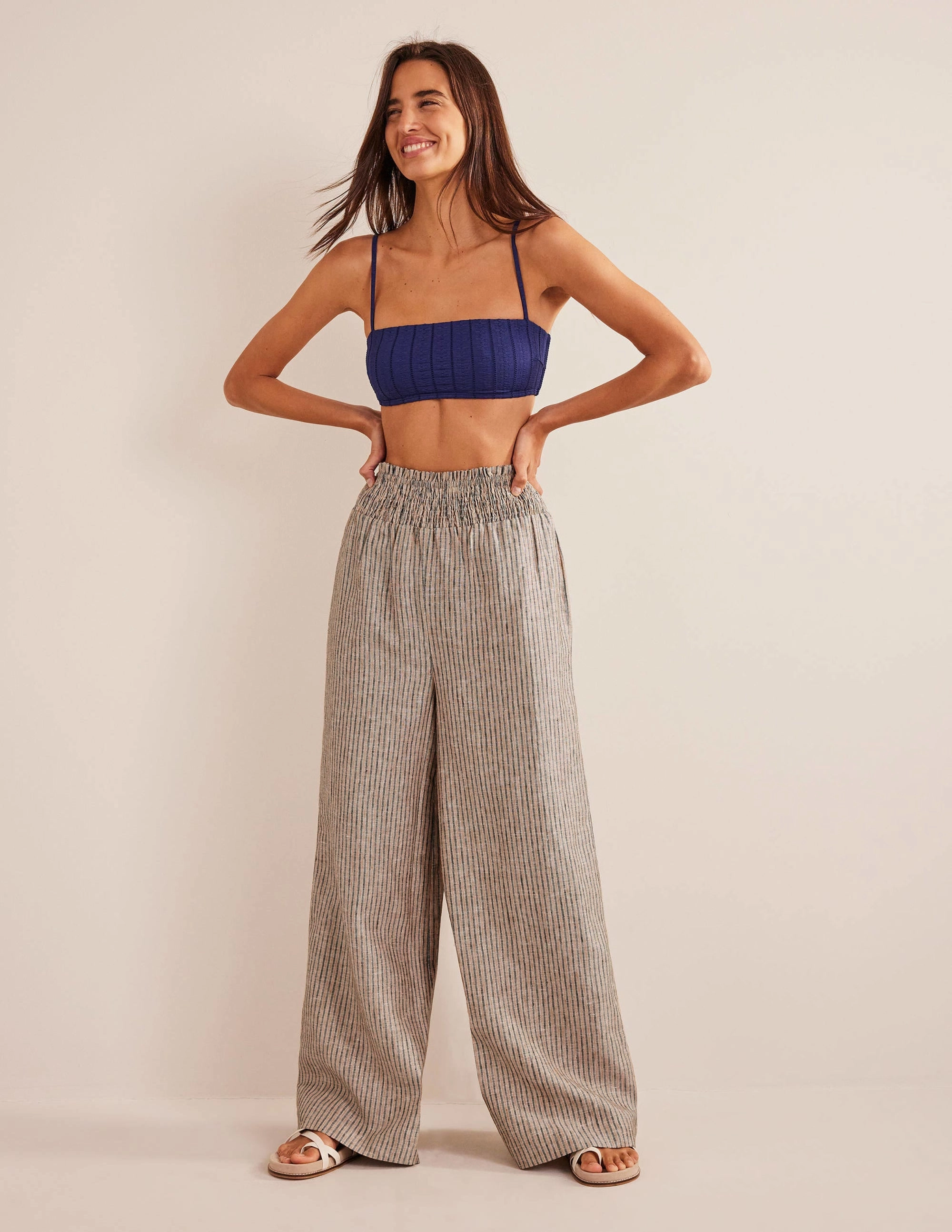 Linen Shirred Waist Pants-Camel and Black Lurex Stripe