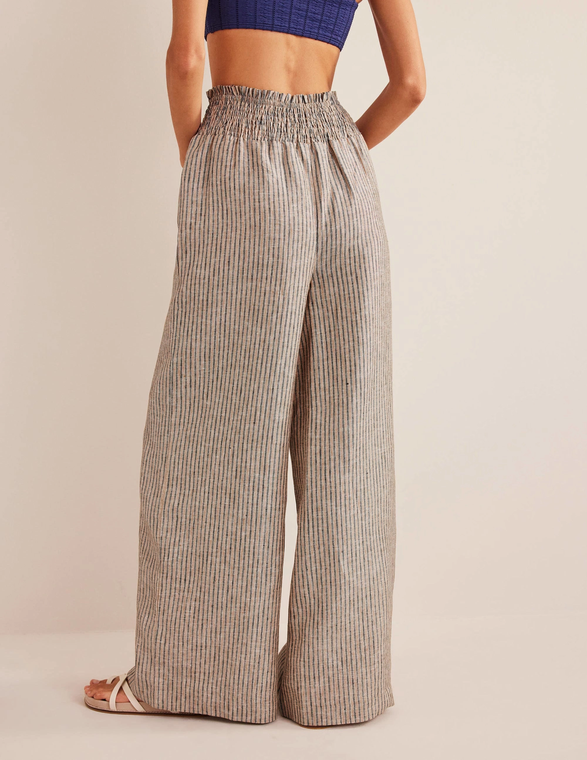 Linen Shirred Waist Pants-Camel and Black Lurex Stripe