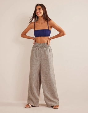 Linen Shirred Waist Pants-Camel and Black Lurex Stripe