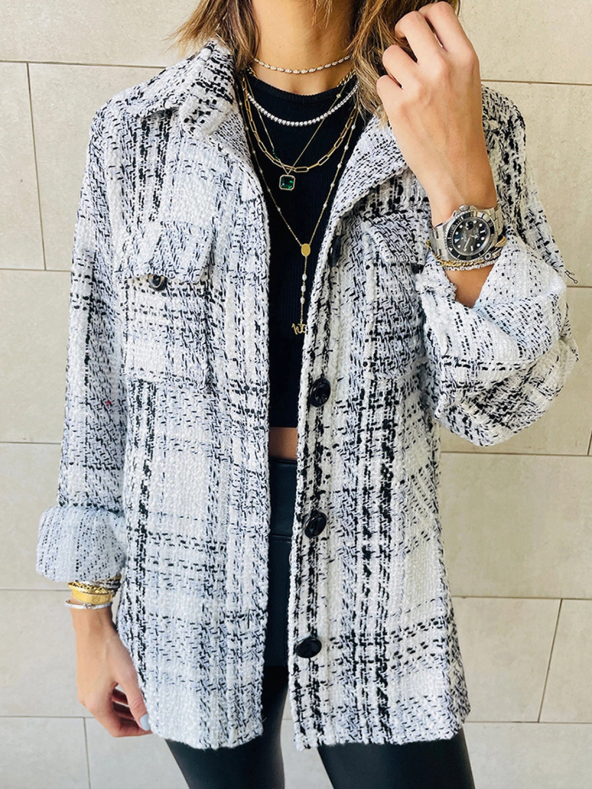 Loose Plaid Button Long-Sleeved Jacket With Pocket