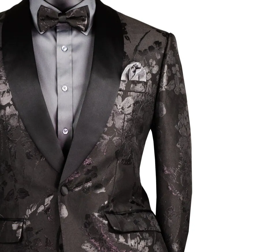 Maia Collection: Black Floral Jacquard Slim Fit Blazer