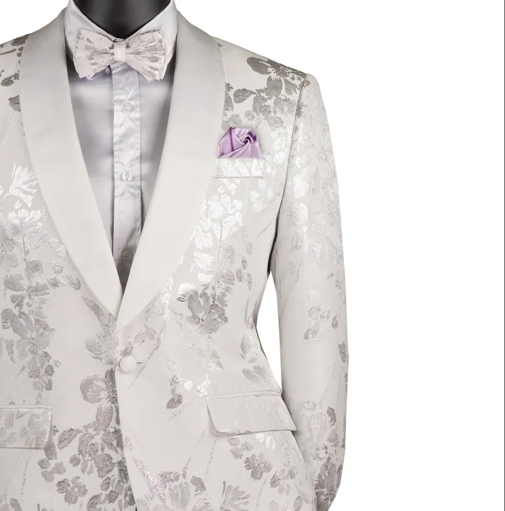 Maia Collection: White Floral Jacquard Slim Fit Blazer