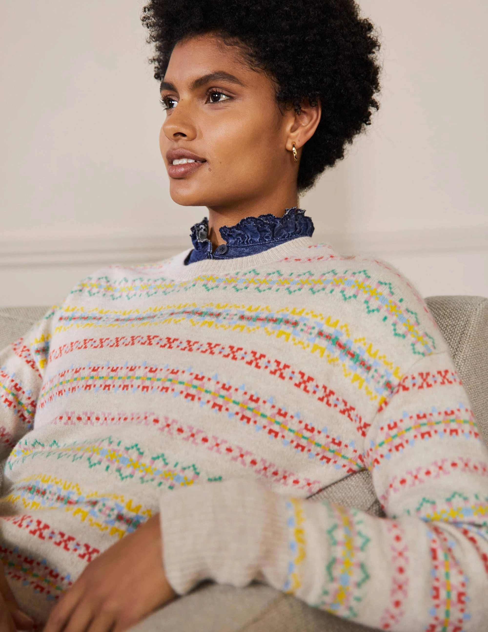 Margot Cashmere Sweater-Oatmeal Melange, Fair Isle