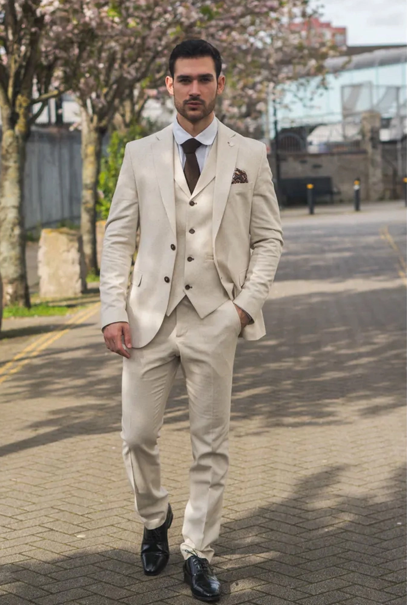 Men's Summer 2 Piece Suit Linen Formal Beige Waistcoat Trousers
