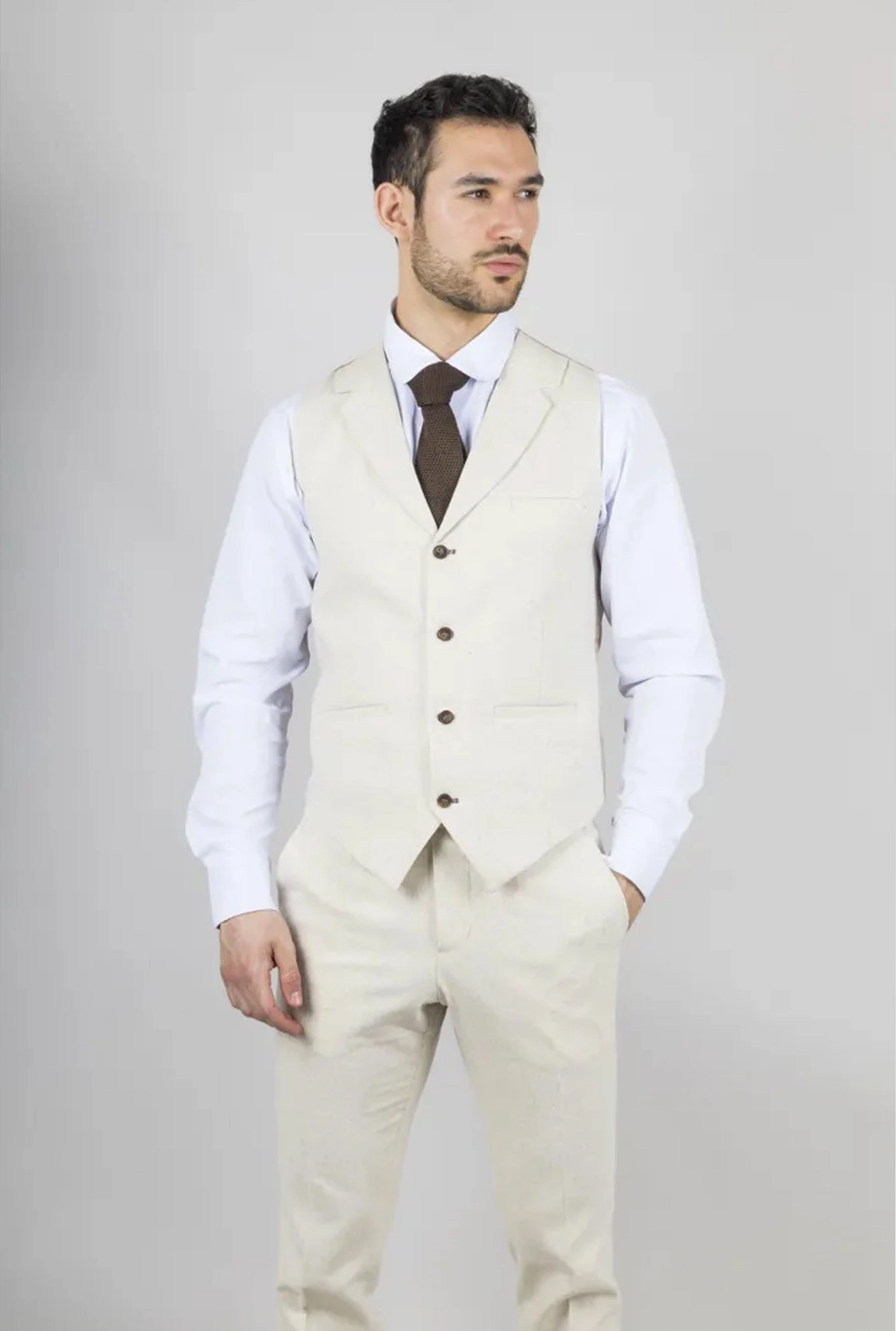 Men's Summer 2 Piece Suit Linen Formal Beige Waistcoat Trousers