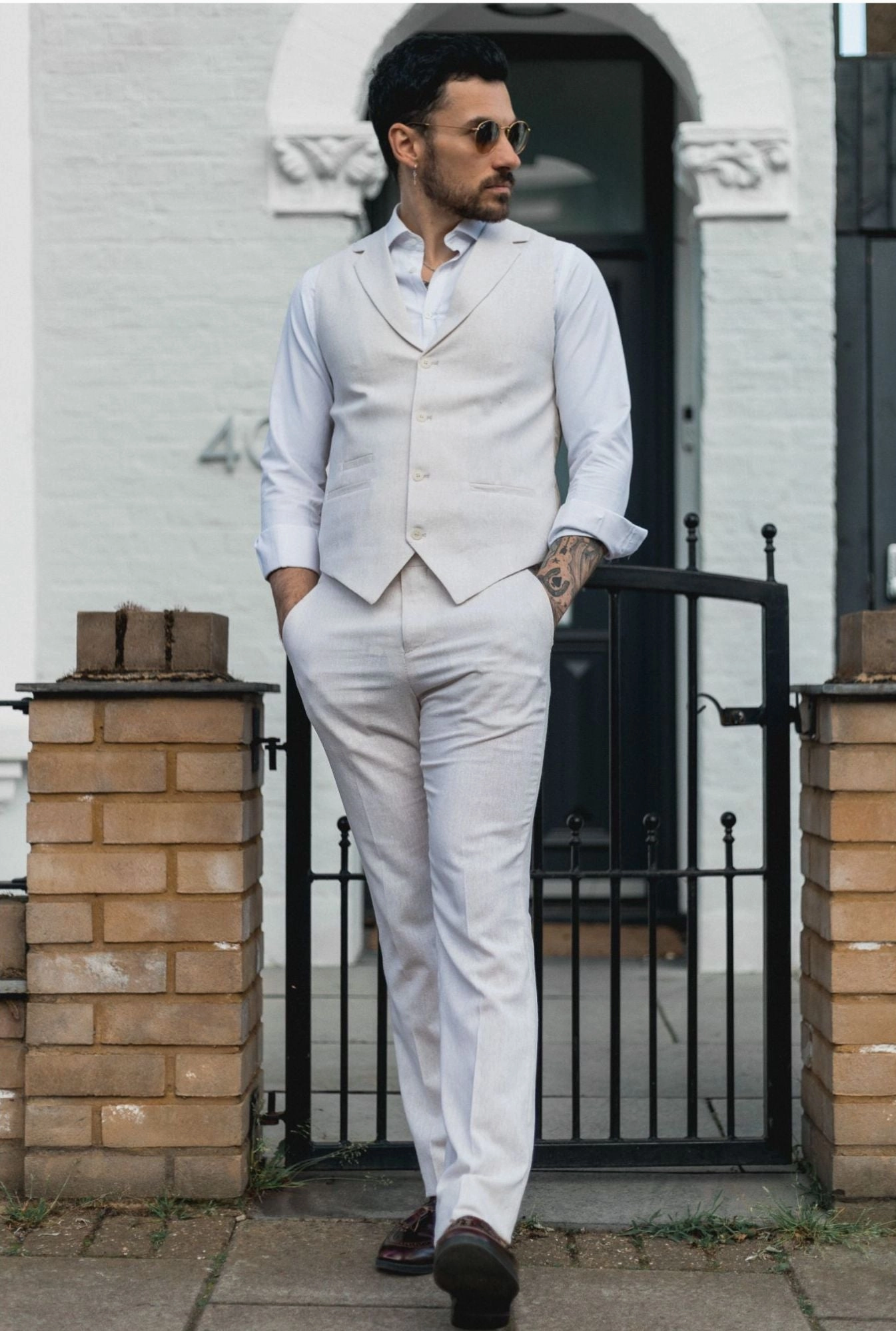 Men's Summer 2 Piece Suit Linen Formal Cream Beige Waistcoat Trousers