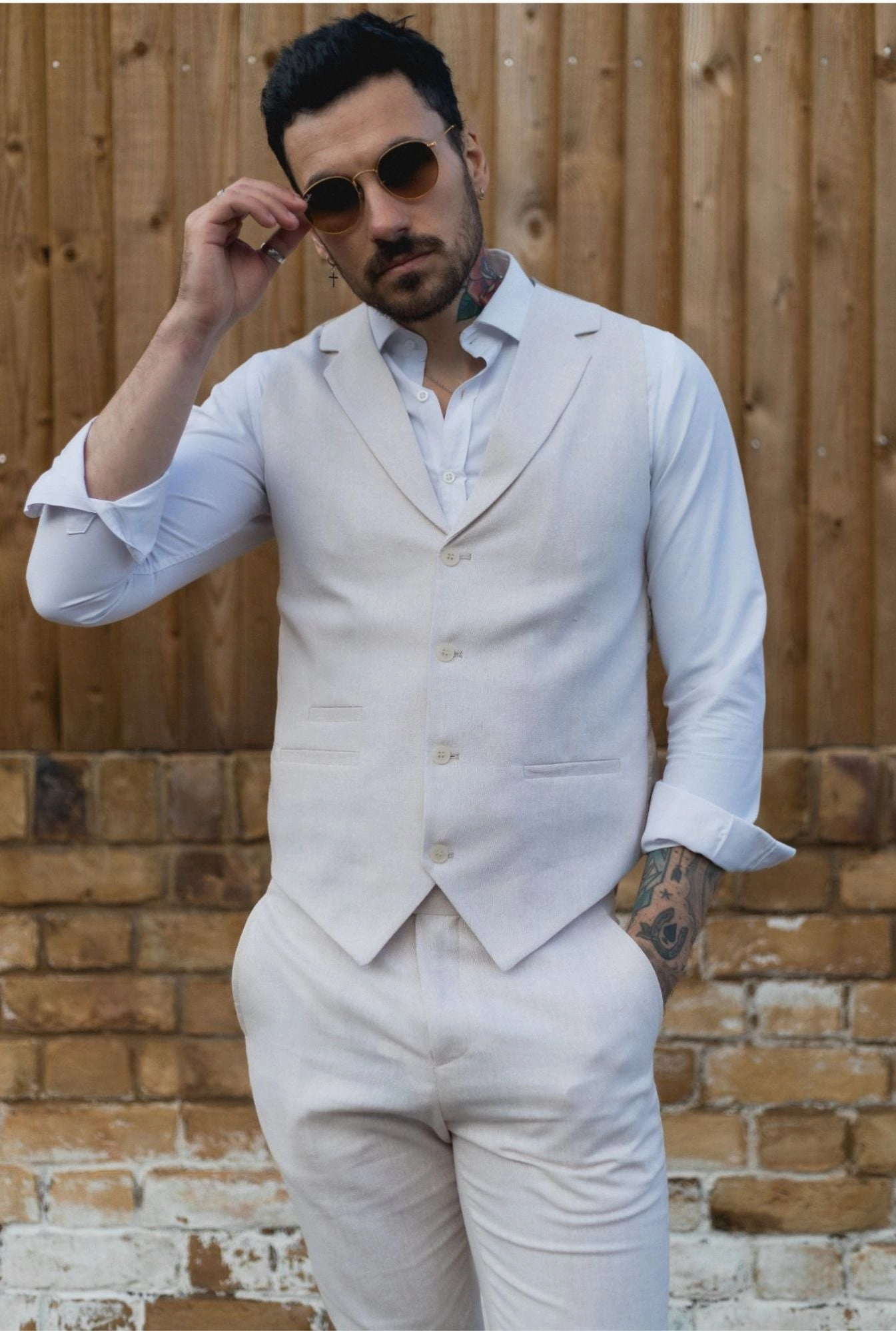 Men's Summer 2 Piece Suit Linen Formal Cream Beige Waistcoat Trousers