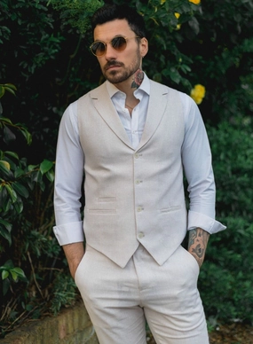 Men's Summer 2 Piece Suit Linen Formal Cream Beige Waistcoat Trousers