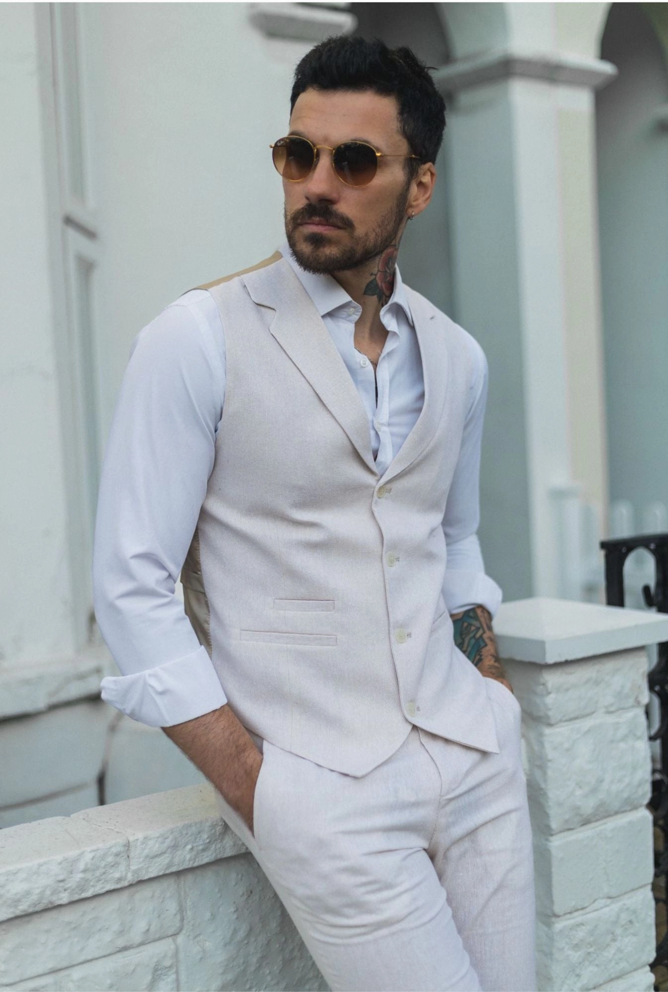 Men's Summer 2 Piece Suit Linen Formal Cream Beige Waistcoat Trousers