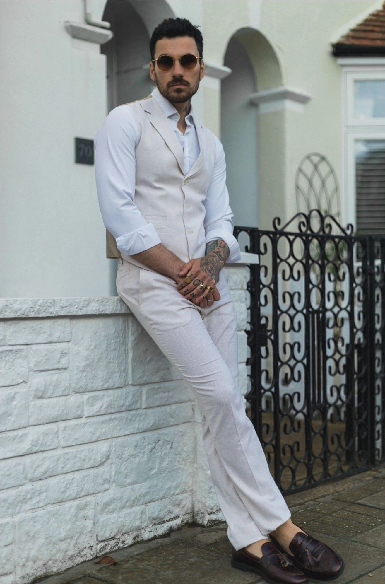 Men's Summer 2 Piece Suit Linen Formal Cream Beige Waistcoat Trousers