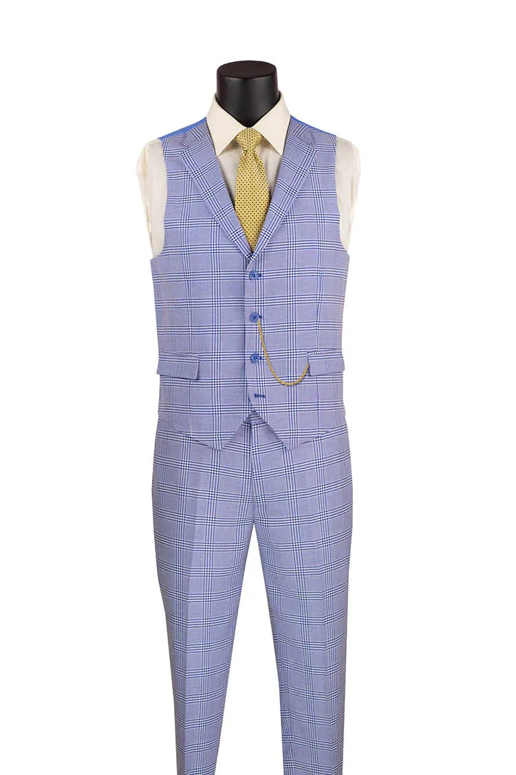 Men's Single Breasted Slim Fit Windowpane 3-Piece Suit in Sky Blue