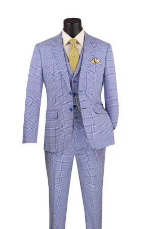Men's Single Breasted Slim Fit Windowpane 3-Piece Suit in Sky Blue