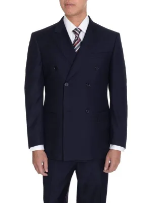 Men's Solid Navy Blue Double Breasted Modern Fit 2 Piece Flat Front Wool Suit