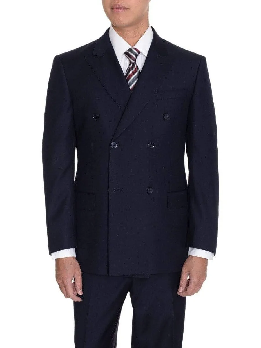 Men's Solid Navy Blue Double Breasted Modern Fit 2 Piece Flat Front Wool Suit