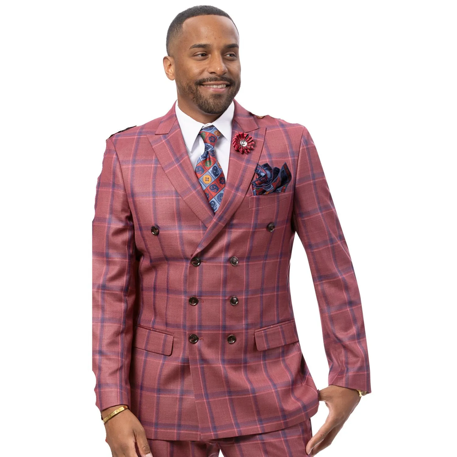 Men's Wine Plaid Double-Breasted Suit