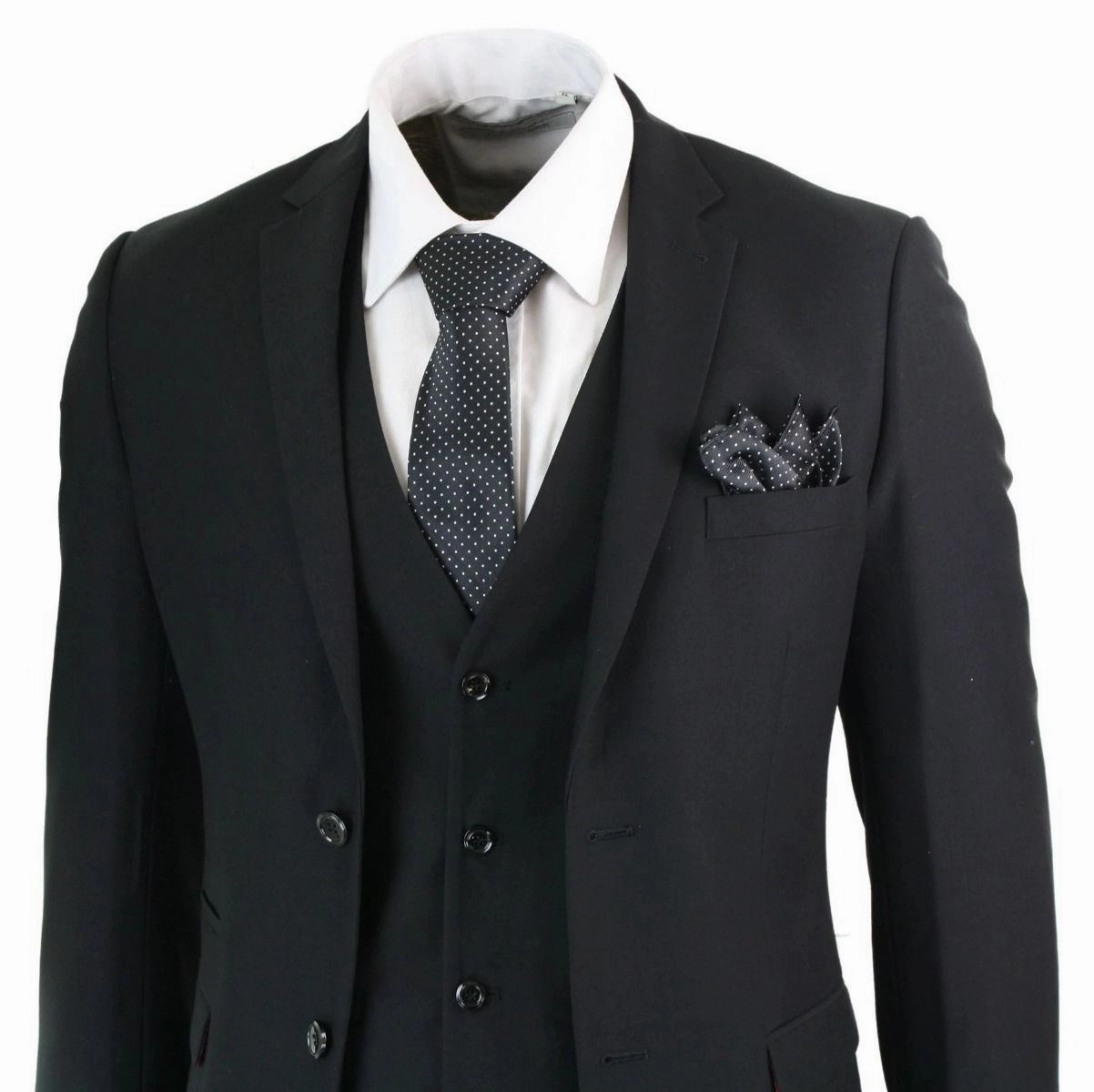 Mens 3 Piece Plain Black Classic Retro Suit