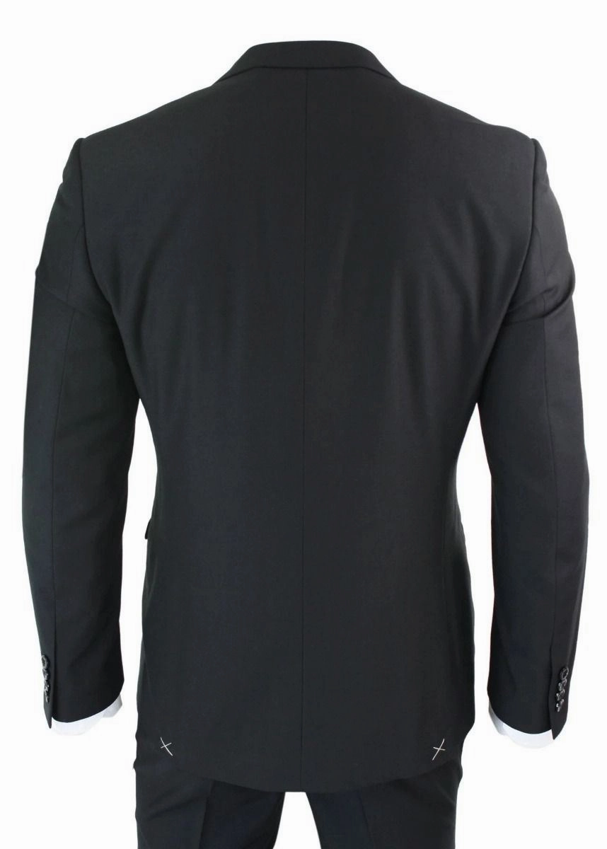 Mens 3 Piece Plain Black Classic Retro Suit