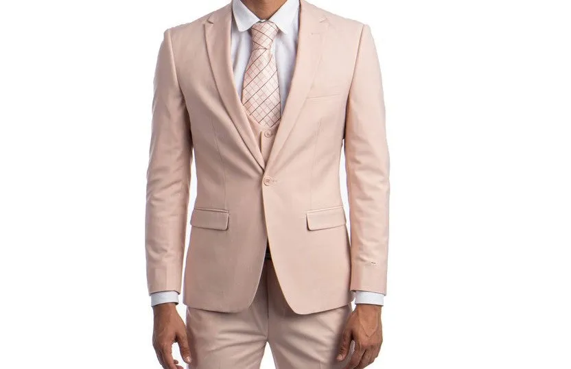 Midas Collection: Ultra Slim Three-Piece Suit with Peak Lapel in Blush