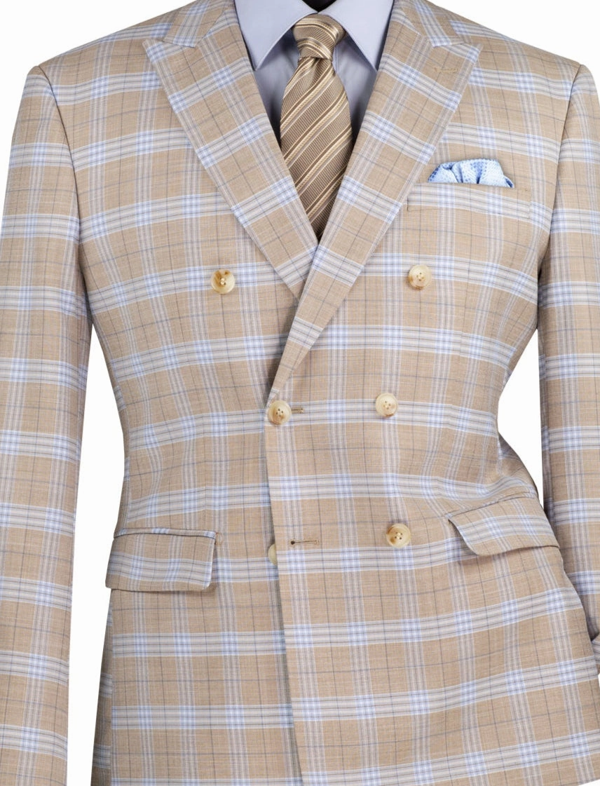 Miwega Collection: Tan Windowpane 2-Piece Slim Fit Double Breasted Suit