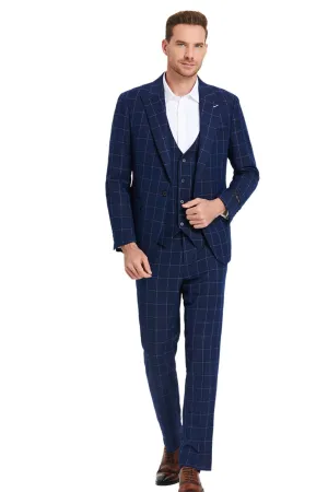 Modernistic Collection: Men's 3-Piece Slim Fit Windowpane Suit In Blue