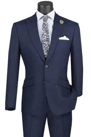 Moderno Collection: Navy 2 Piece Glen Plaid Single Breasted Slim Fit Suit