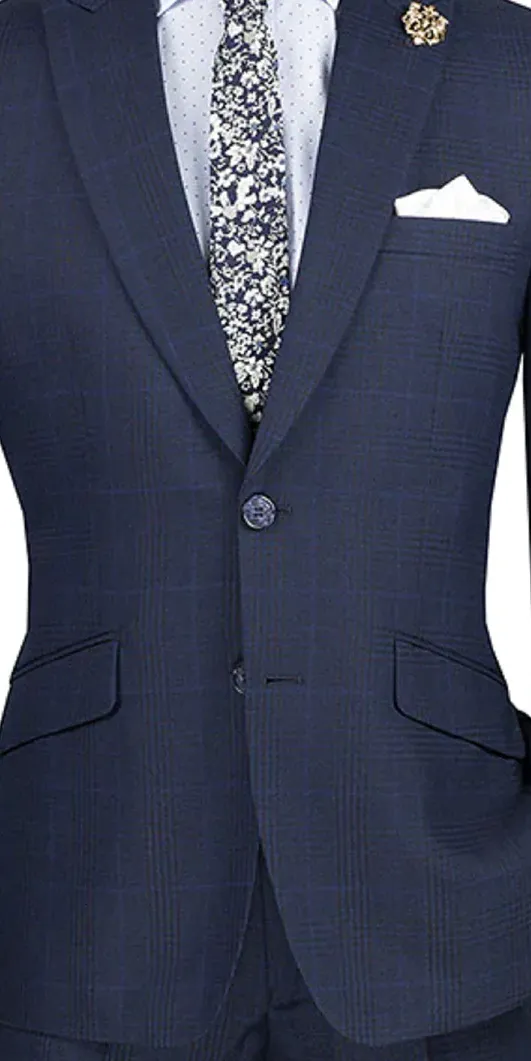 Moderno Collection: Navy 2 Piece Glen Plaid Single Breasted Slim Fit Suit