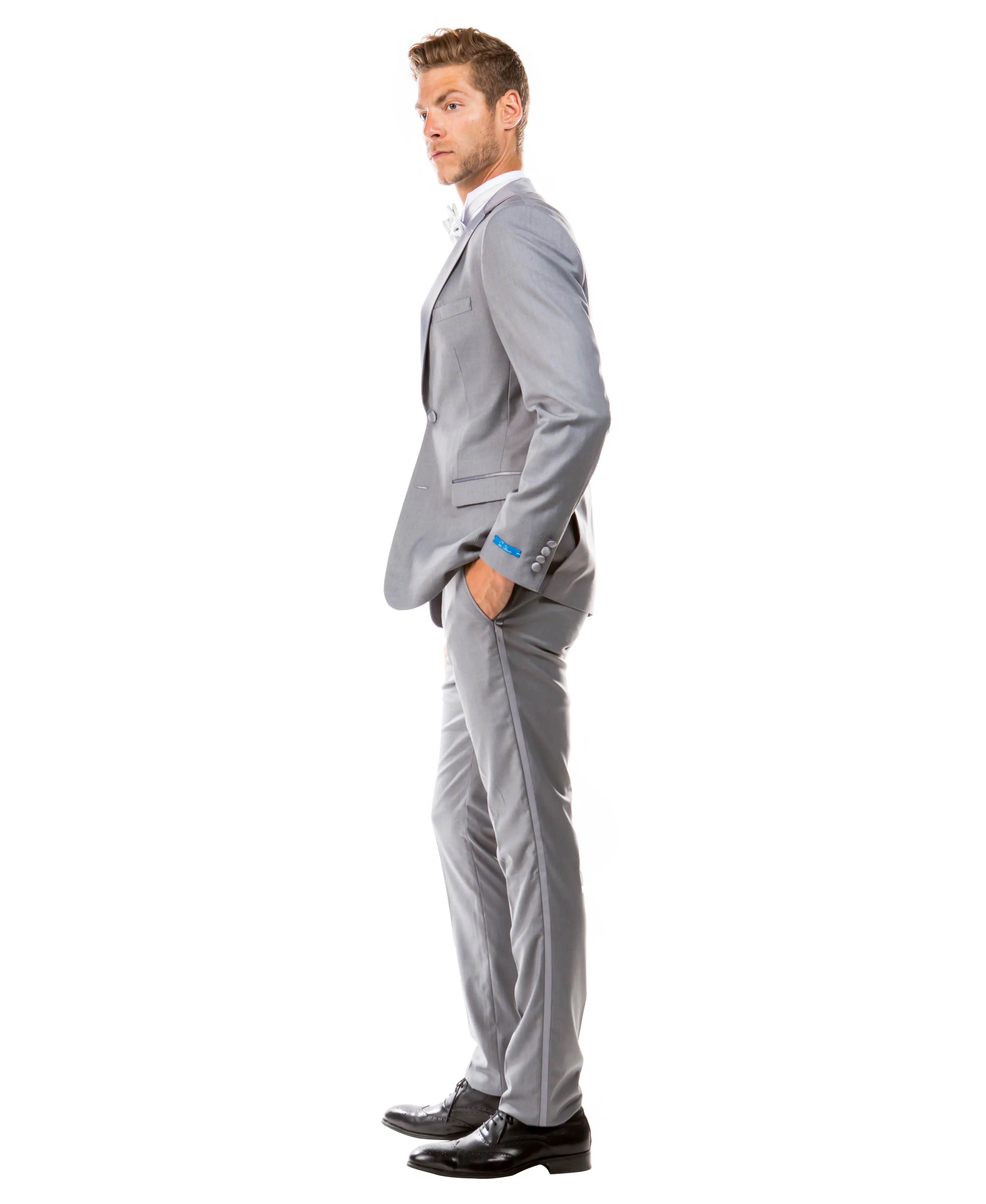Obsidian Collection: Gray Two-Piece Tuxedo with Satin Side Stripe Pants – Hybrid Fit