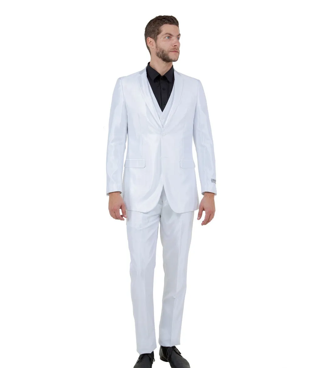 Odyssey Collection: Three-Piece Slim Fit Sharkskin Solid Suit in White