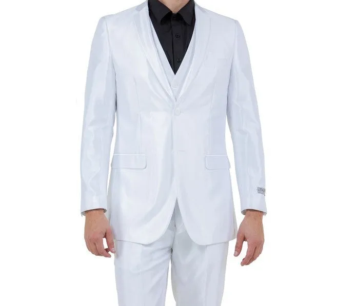 Odyssey Collection: Three-Piece Slim Fit Sharkskin Solid Suit in White