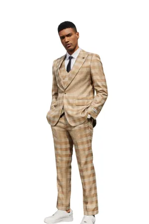 Onyxo Collection: Men's Glen Plaid 3 Piece Hybrid Fit Suit In Copper