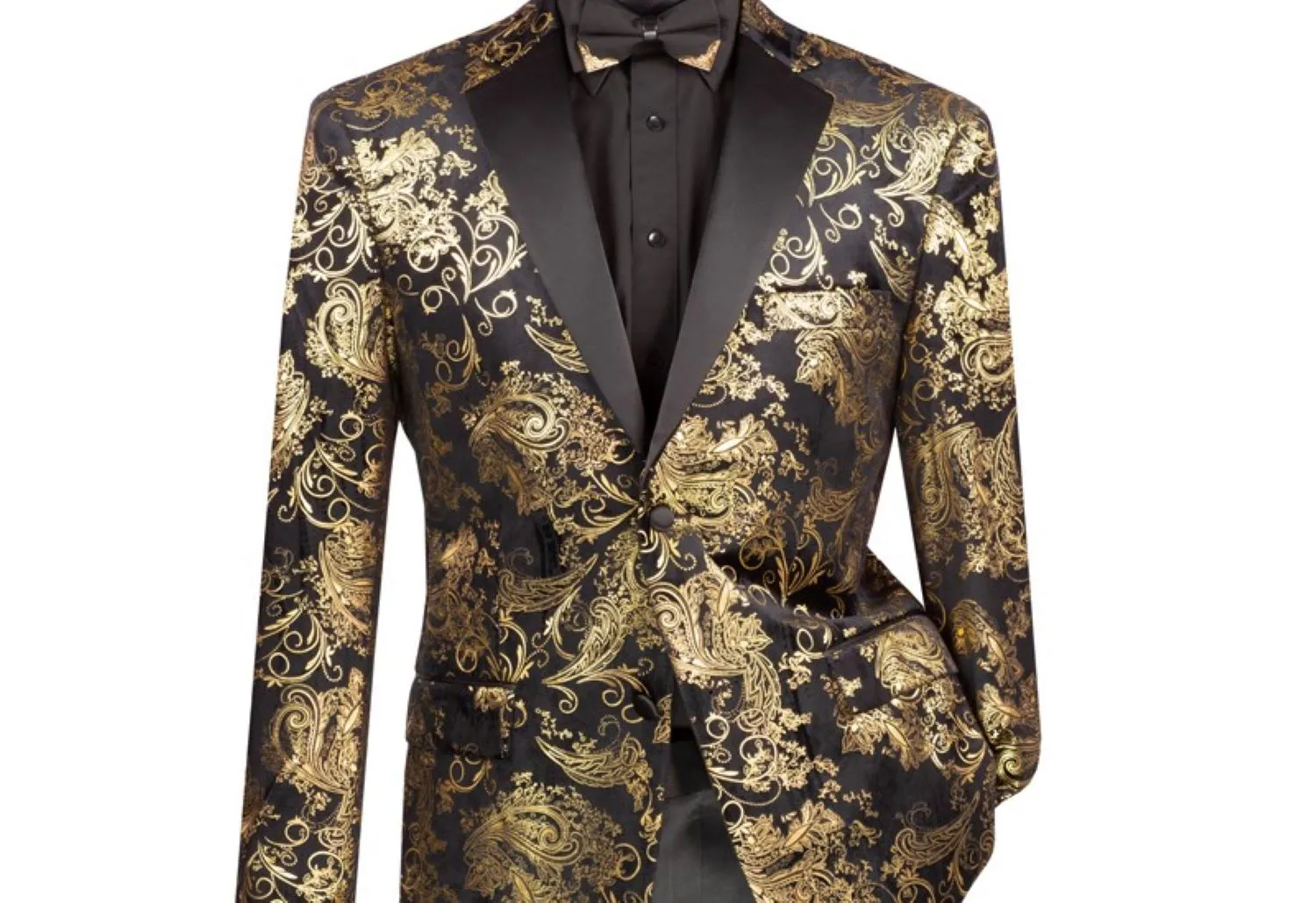 Orionis Collection: Black & Gold Paisley Embossed Satin Peak Lapel Velvet Blazer – Modern Fit