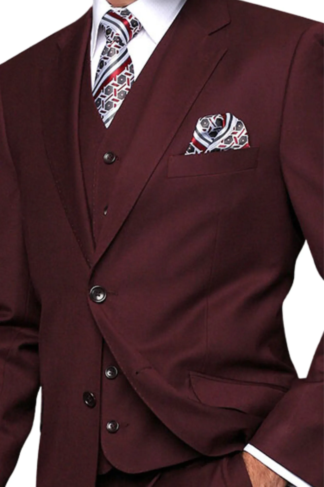 Pan Prestige Collection: 3PC Modern Fit Solid Color Suit With Super 150's Italian Wool In Burgundy