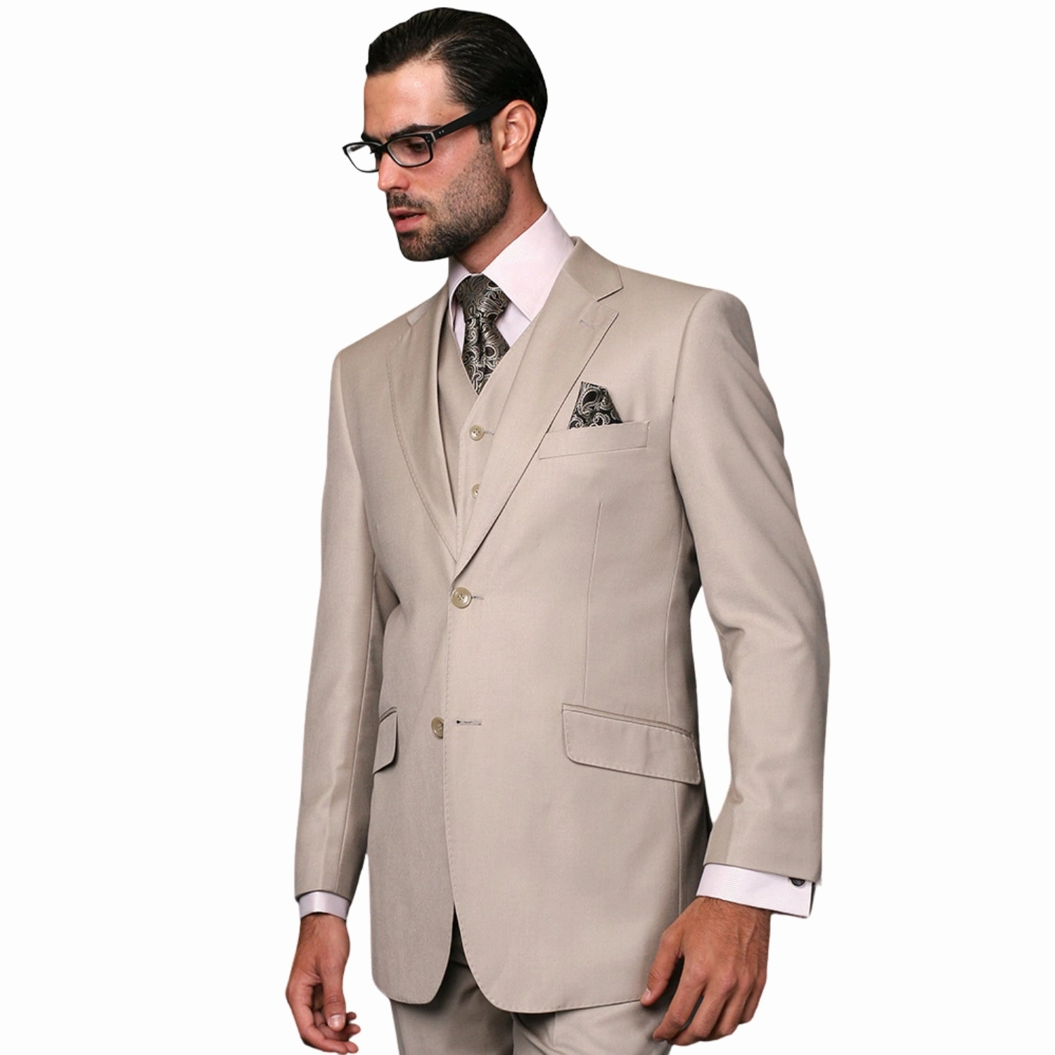 Pan Prestige Collection: 3PC Modern Fit Solid Color Suit With Super 150's Italian Wool In Sand Brown