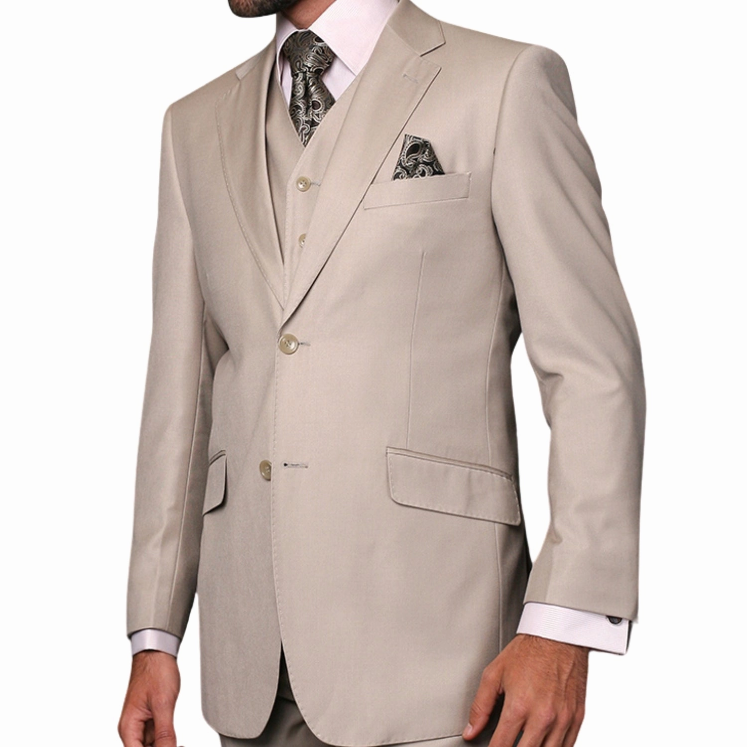 Pan Prestige Collection: 3PC Modern Fit Solid Color Suit With Super 150's Italian Wool In Sand Brown