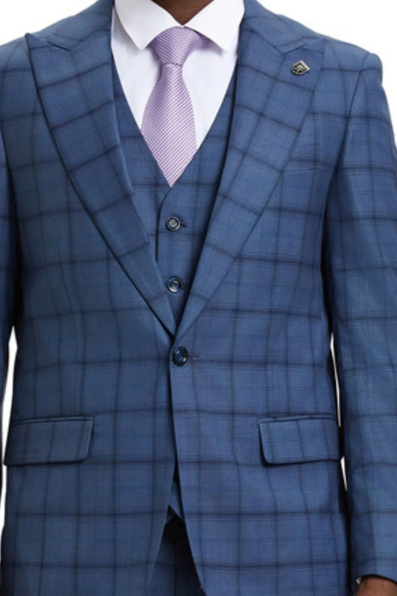 Panachify Collection: Men's Windowpane Hybrid Fit 3 Piece Suit In Blue