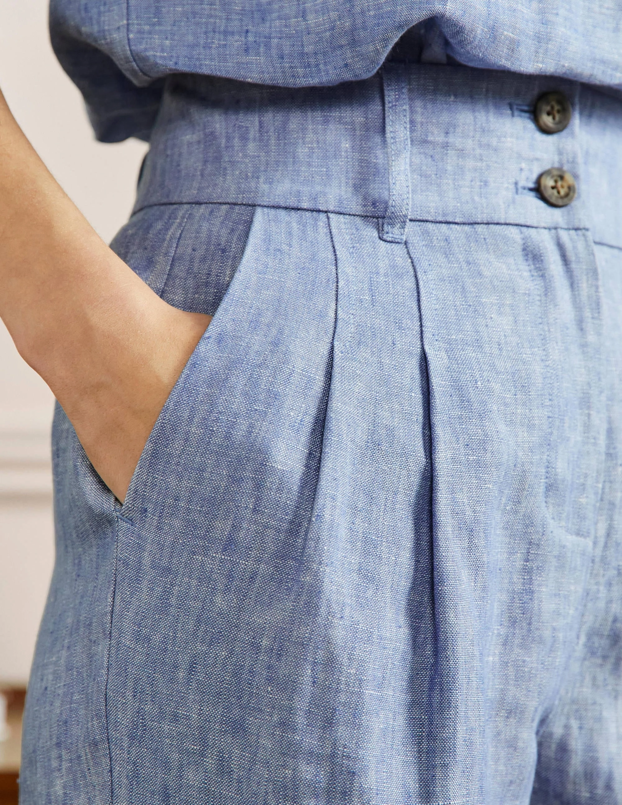 Pleated Turn Up Linen Pants-Grey Blue Chambray