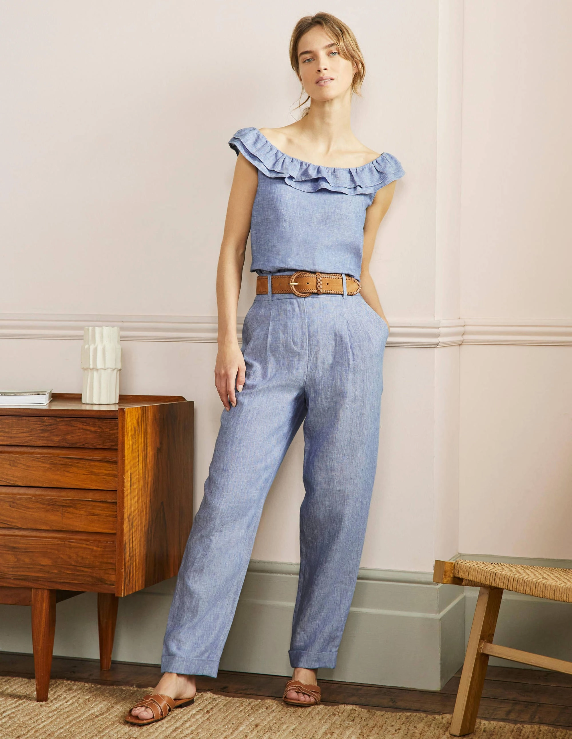 Pleated Turn Up Linen Pants-Grey Blue Chambray