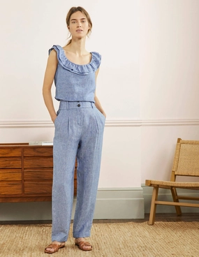 Pleated Turn Up Linen Pants-Grey Blue Chambray