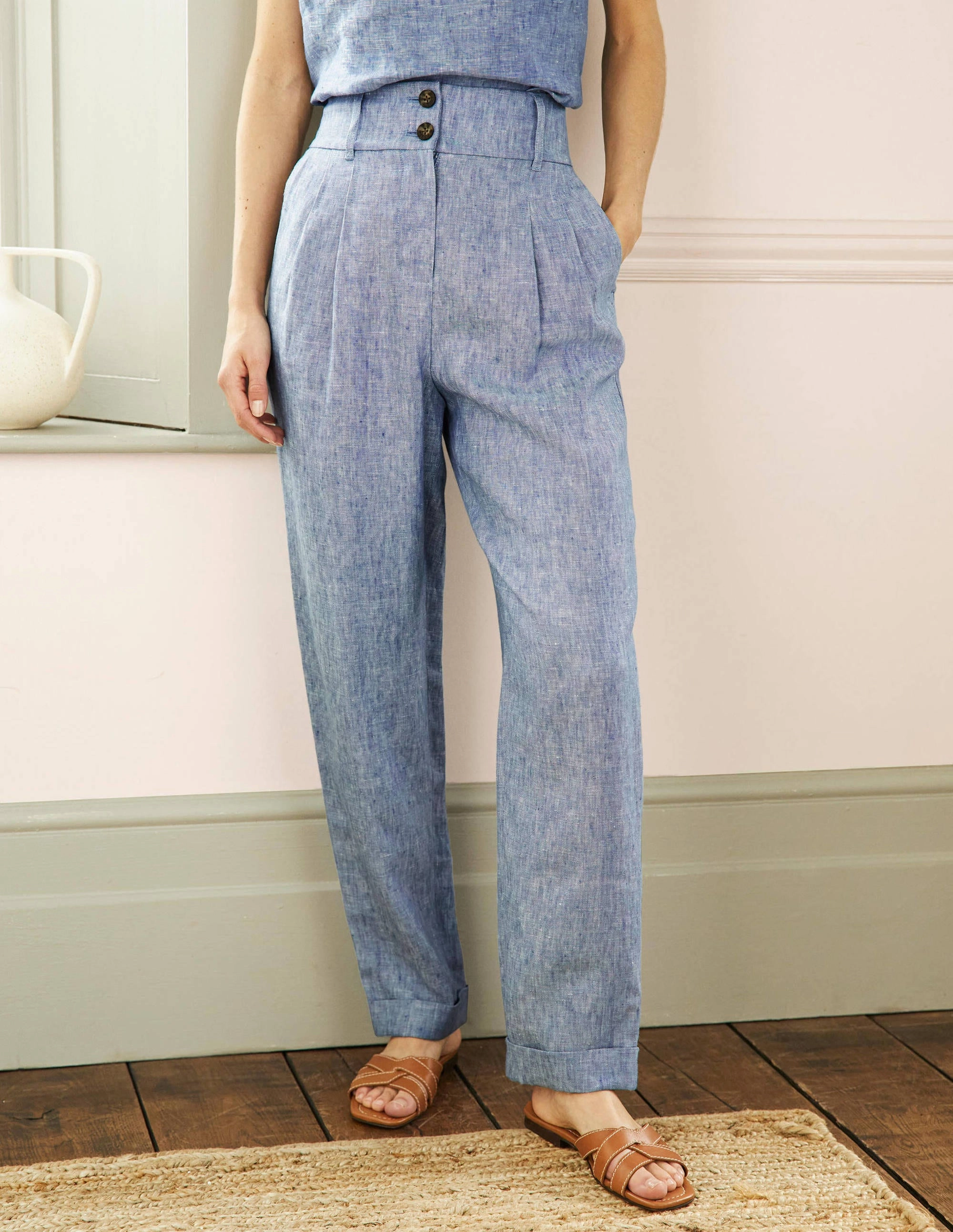 Pleated Turn Up Linen Pants-Grey Blue Chambray