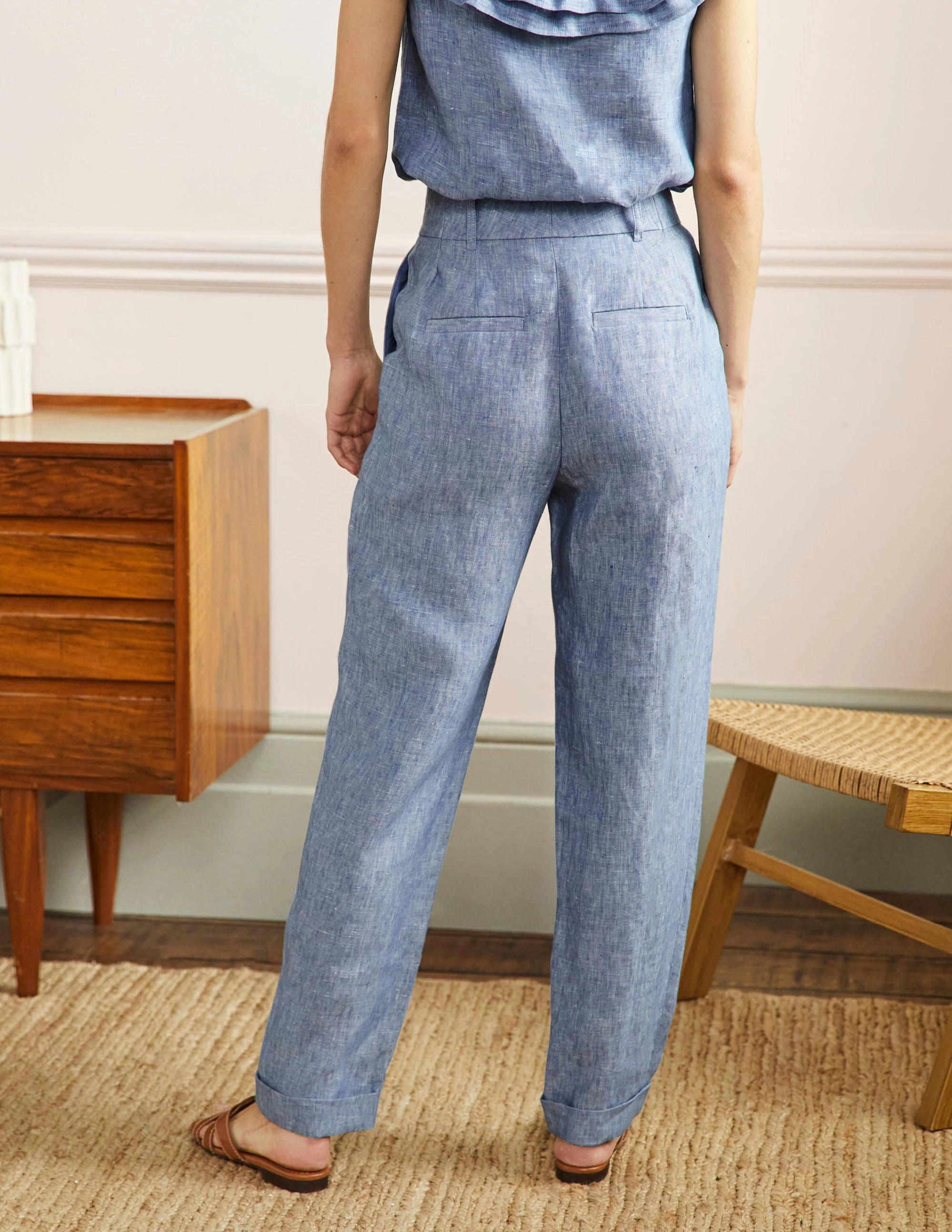 Pleated Turn Up Linen Pants-Grey Blue Chambray