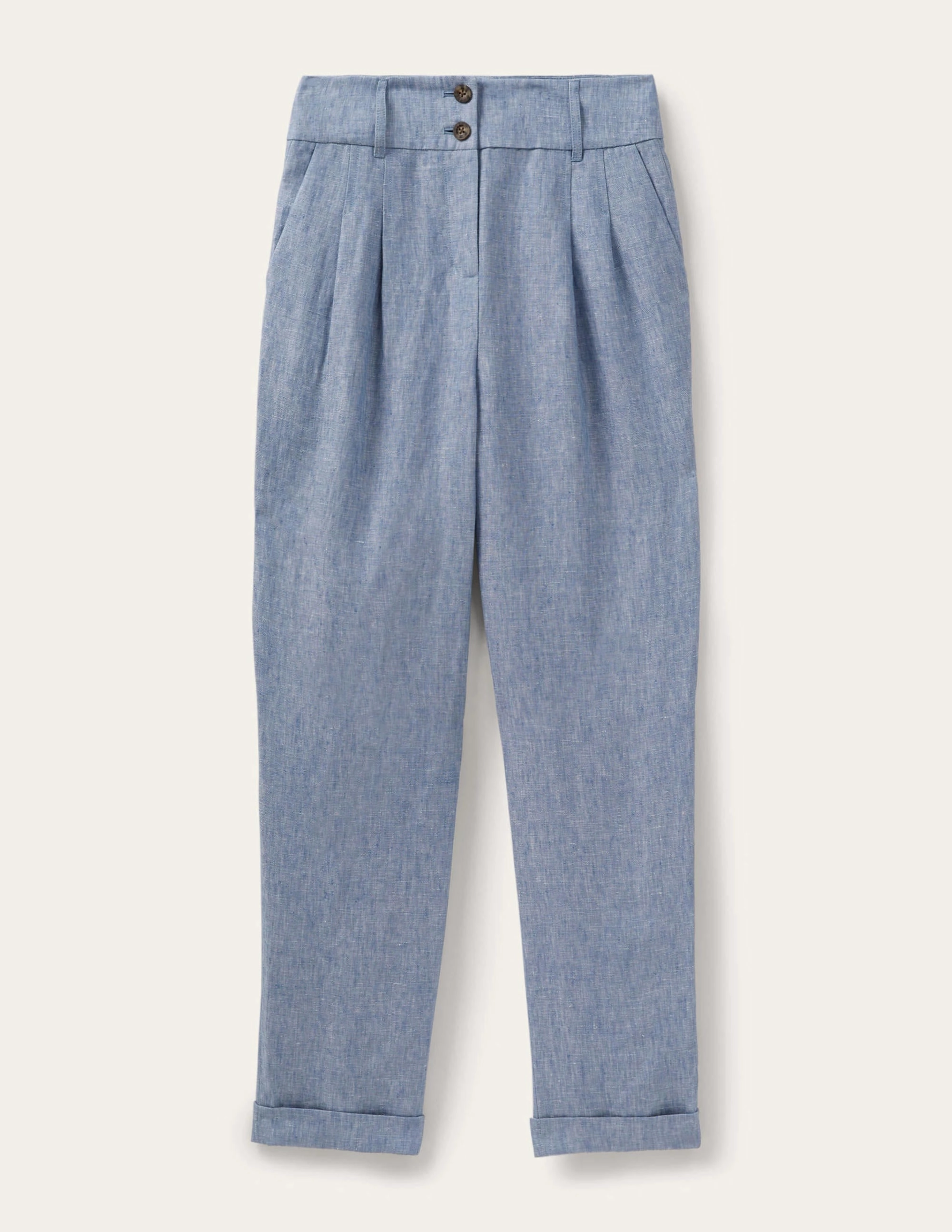 Pleated Turn Up Linen Pants-Grey Blue Chambray