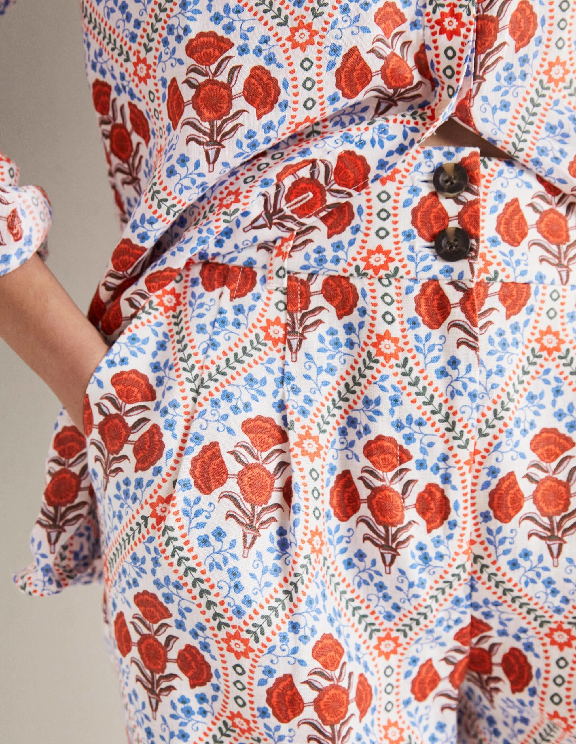 Pleated Turn Up Linen Pants-Ivory, Poppy Bloom
