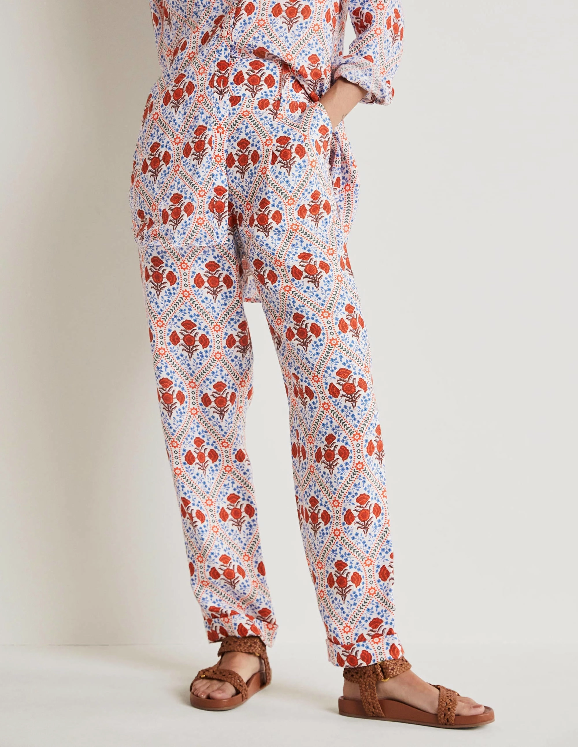 Pleated Turn Up Linen Pants-Ivory, Poppy Bloom