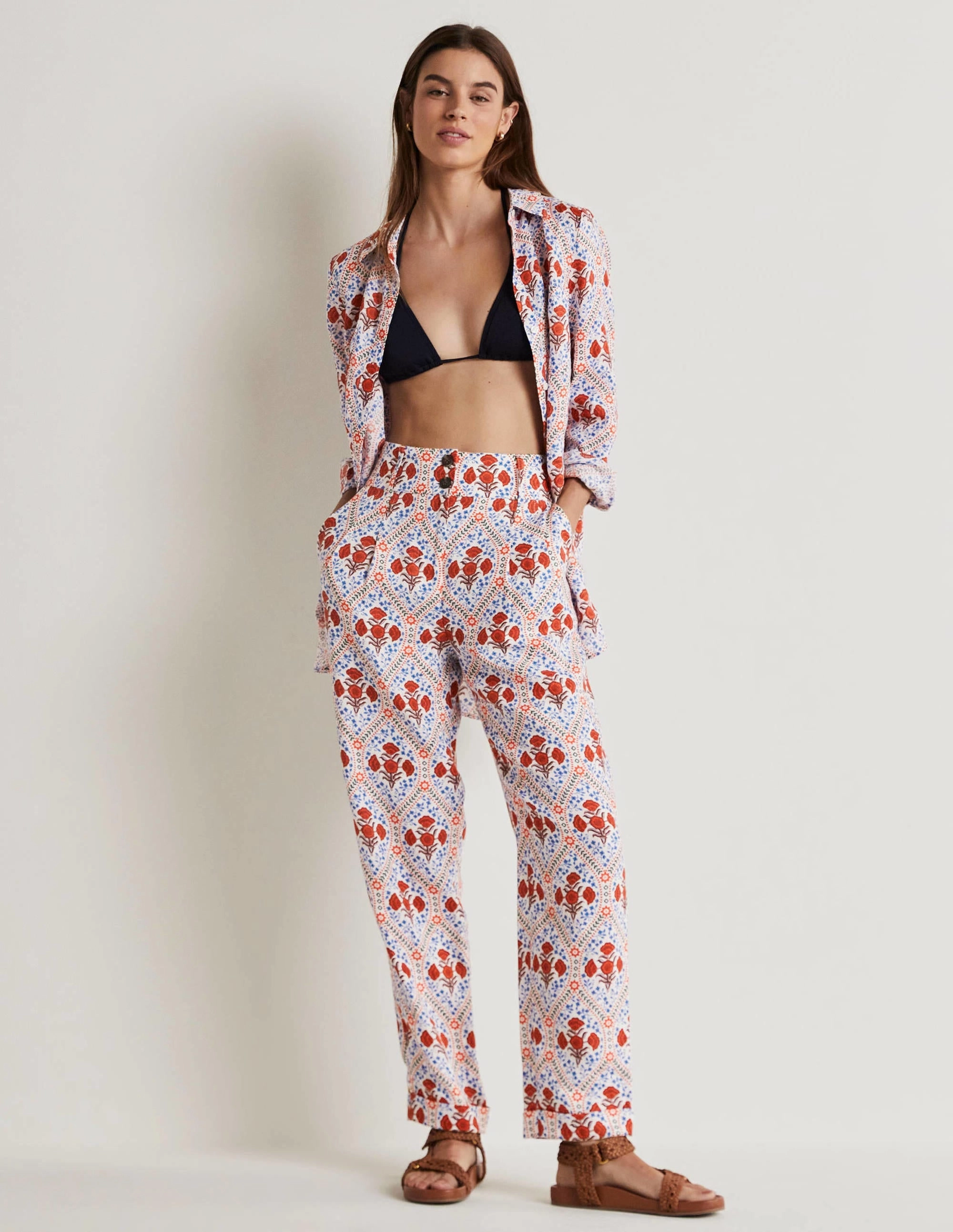 Pleated Turn Up Linen Pants-Ivory, Poppy Bloom