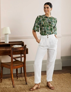 Pleated Turn Up Linen Pants-White