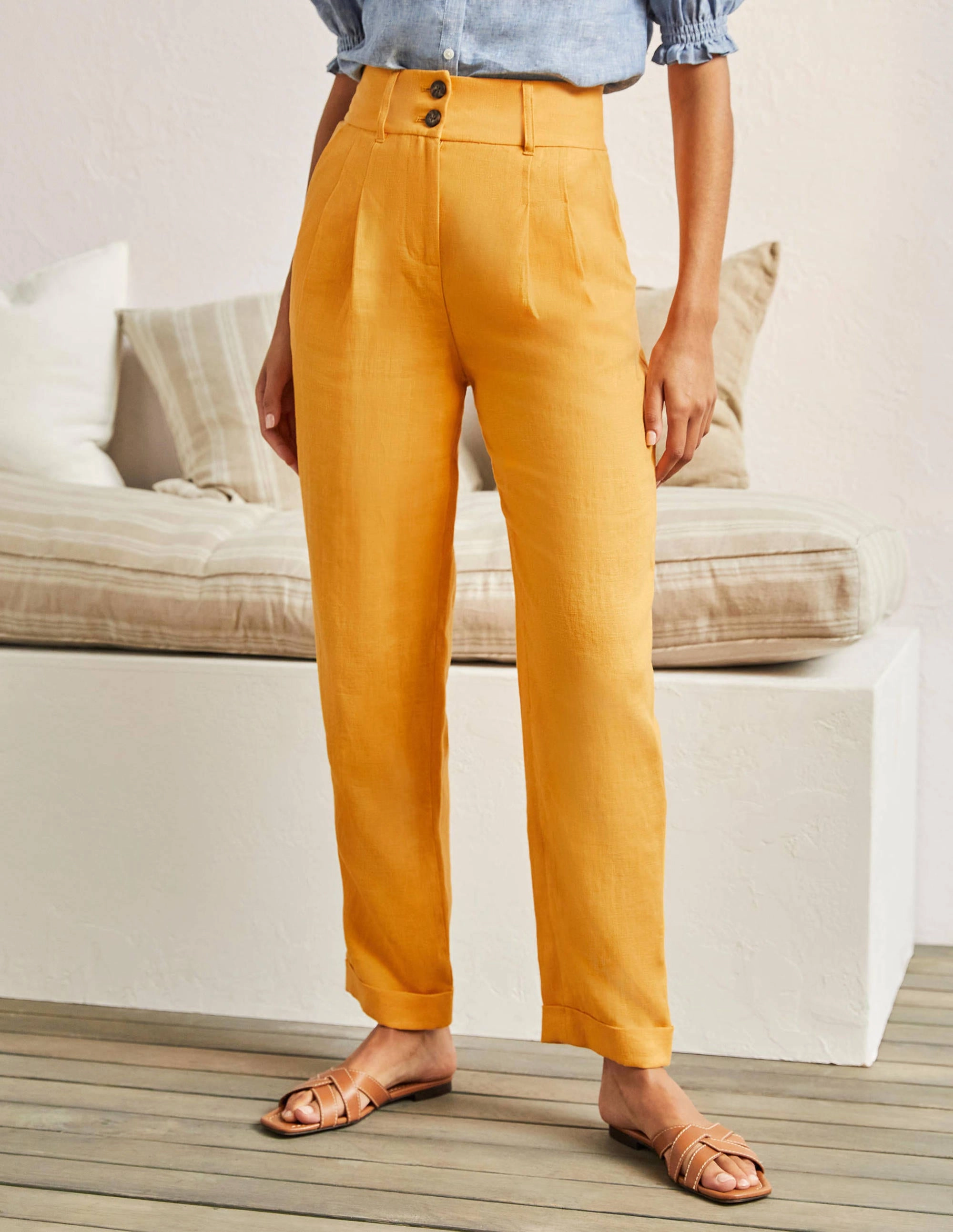 Pleated Turn Up Linen Pants-Zinnia Yellow