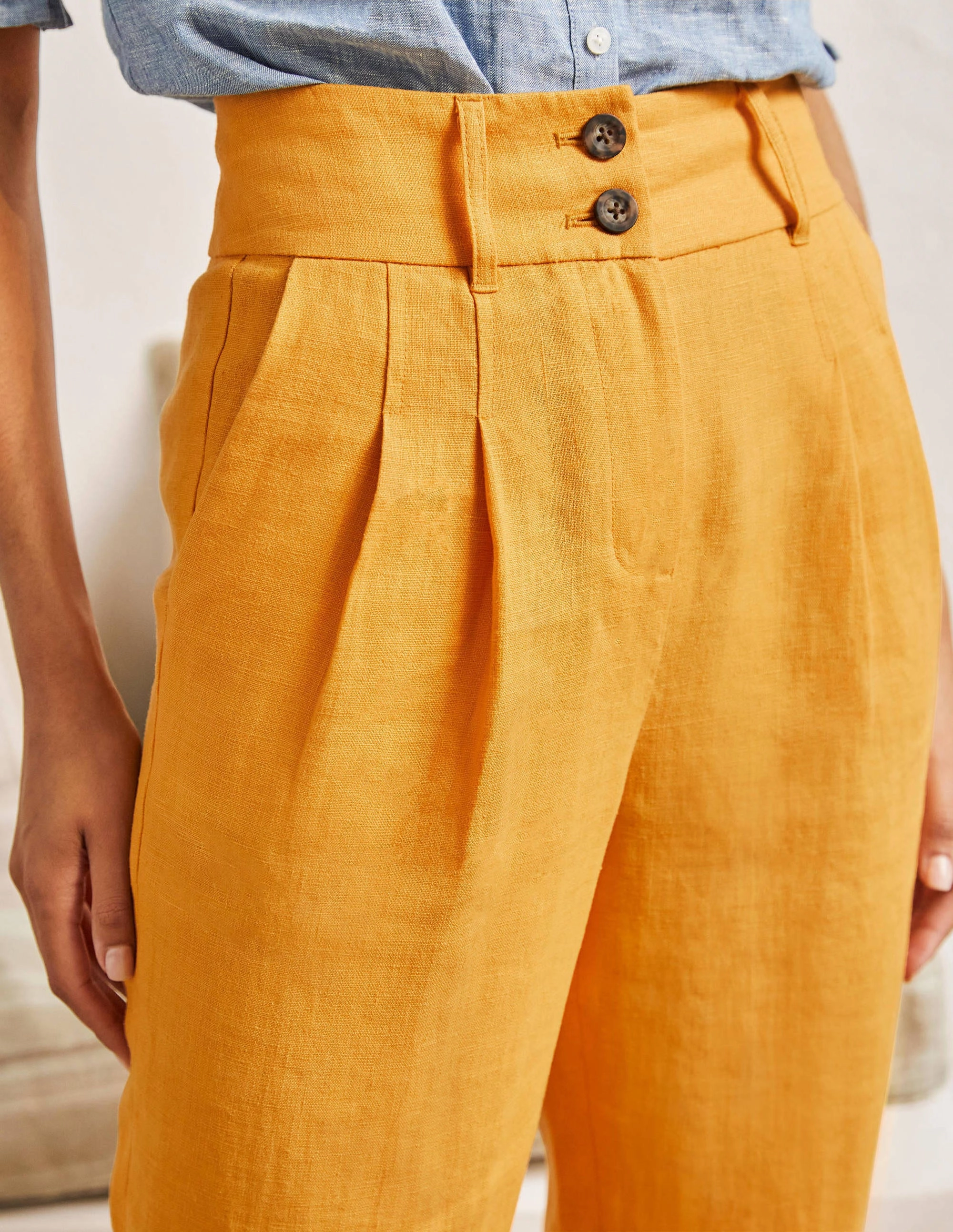 Pleated Turn Up Linen Pants-Zinnia Yellow