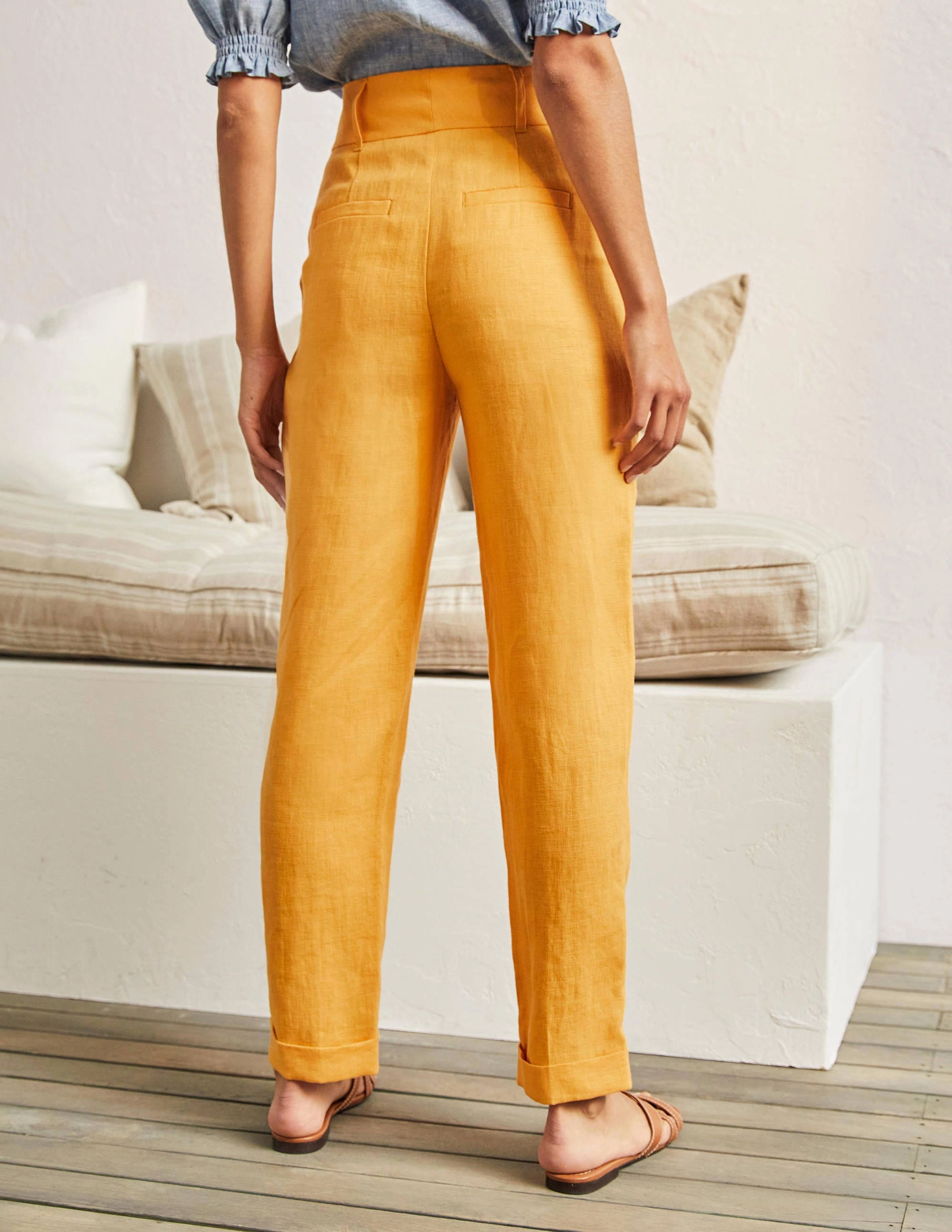 Pleated Turn Up Linen Pants-Zinnia Yellow
