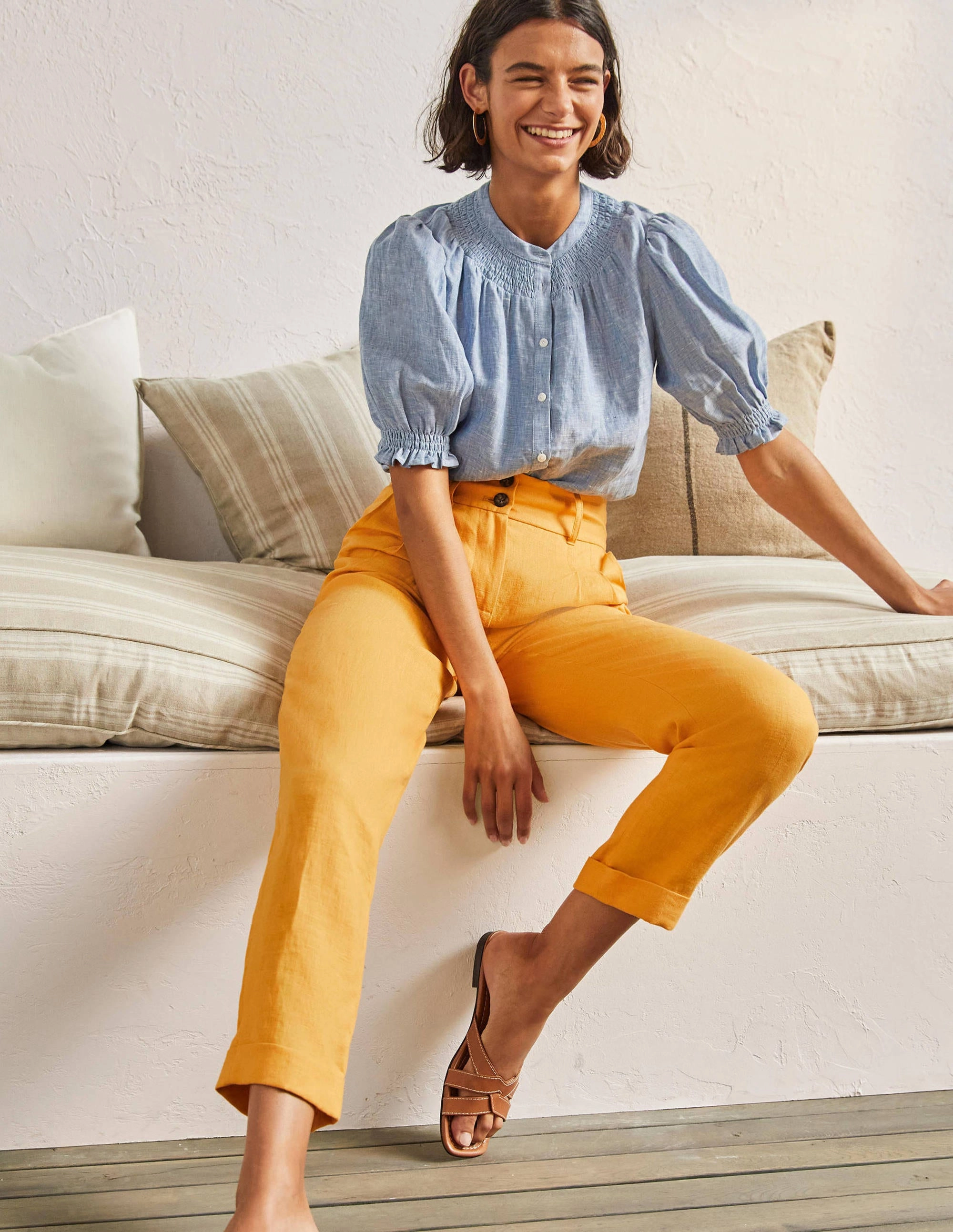 Pleated Turn Up Linen Pants-Zinnia Yellow