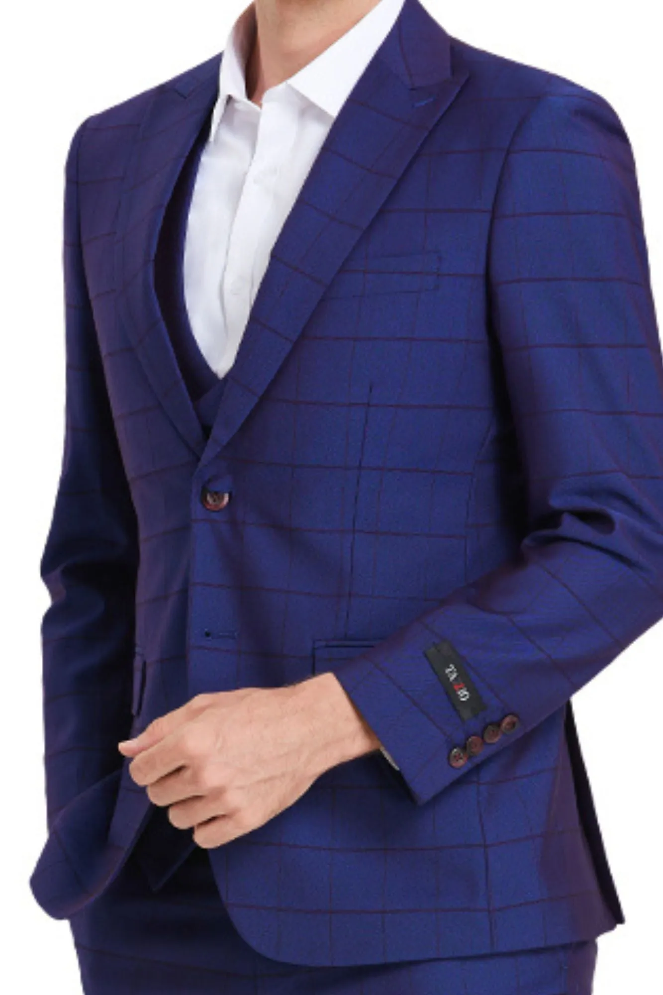 Poseidon Collection: 3-Piece Slim Fit Windowpane Suit For Men In Admiral Blue